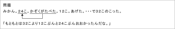 問題：
みかん。24こ。かぞくがたべた。12こ。あげた。・・・で32このこった。
「もともとは32こより12こぶんと24こぶんおおかったんだな。」